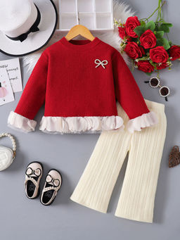 Hopscotch - Girls Red and Cream Textured Sweater Pant with Applique Detail