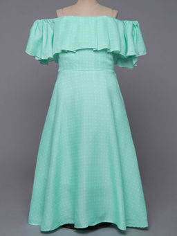 Hopscotch - Girls Turquoise Polka Dot Print Off-Shoulder Sleeve Party Dress