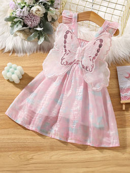 Hopscotch - Girls Pink Abstract Print Butterfly Applique Sleeveless Party Dress