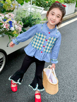 Hopscotch - Girls Blue and Black Checkered Print Ruffled Blouse Pant