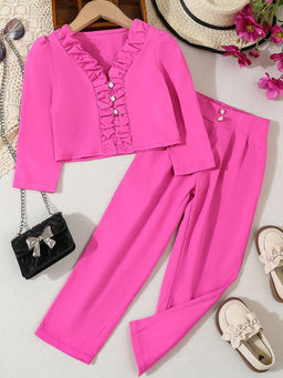 Hopscotch - Girls Fuchsia V-Neck Full-Sleeve Ruched Blouse and Pant