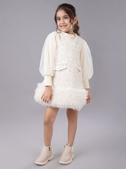 Hopscotch - Girls Beige Textured Sleeveless Party Dress with Top
