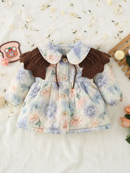 Hopscotch - Girls Blue and Brown Peter Pan Collar Floral Print Puffer Coat