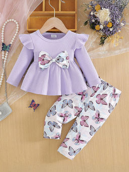 Hopscotch - Girls Lavender and White Butterfly Print Blouse Pant