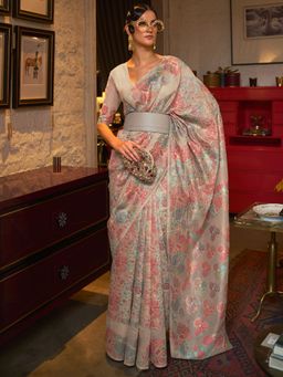 Akhilam - Womens Silk Blend Beige Woven Handloom Saree with Unstitched Blouse