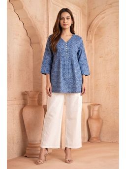 PANCHRANGA - Neel Tara Pintuck Hand Block Printed Cotton Top