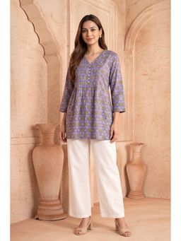 PANCHRANGA - Baingani Phool Pintuck Hand Block Printed Cotton Top