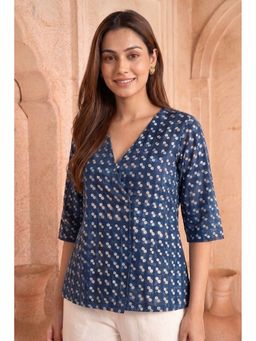 PANCHRANGA - Indigo Dots Hand Block Printed Cotton Top