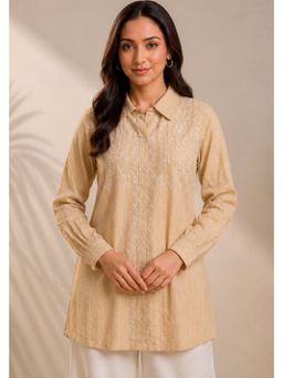PANCHRANGA - Noor Beige Hand Chikankari Cotton Dobby Shirt
