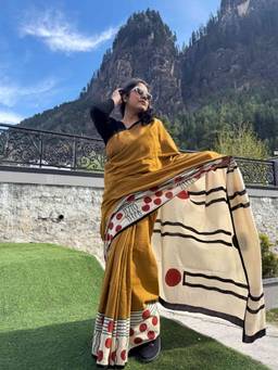 Sundarii - Surabhi Dabu Cotton Mustard Saree with Unstitched Blouse