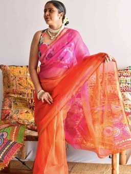 Sundarii - Sunset Sorbet Tie and Dye Kota Orange Saree with Unstitched Blouse