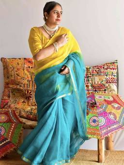 Sundarii - Lemon Lagoon Tie and Dye Multi Color Kota Saree with Unstitched Blouse