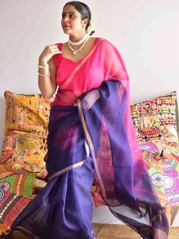 Sundarii - Berry Blush Tie and Dye Kota Blue Saree with Unstitched Blouse