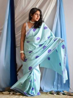 Sundarii - Medusa Hand Block Cotton Blue Saree with Unstitched Blouse