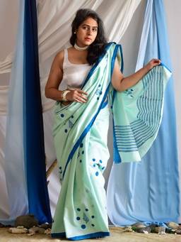 Sundarii - Shankh Hand Block Printed Cotton Blue Saree with Unstitched Blouse