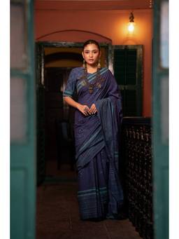 Sutra Art of Clothing - Indigo Rain Hand Block Print Saree with Unstitched Blouse