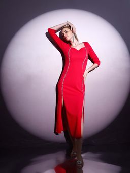 AAREIN - Women's Pink Embellished Midi Dress