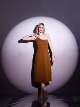 AAREIN - Women's Brown Embellished Midi Dress