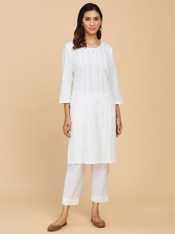 Fabindia - White Cotton Chikankari Long Kurta