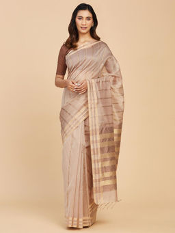 Fabindia - Beige Cotton Silk Woven Chanderi Saree Without Blouse