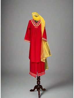 Calin Kids - Cotton Red Kurta & Pant with Dupatta (Set of 3)