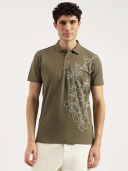 United Colors of Benetton - Men Olive Relaxed Fit Embroidered Pique Polo T-shirt