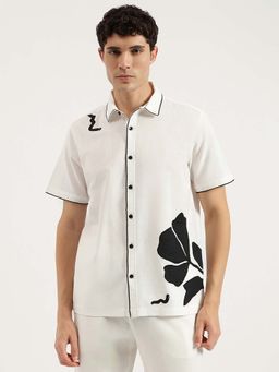 United Colors of Benetton - Men White Regular Fit Floral Patch Work Cotton Shirt
