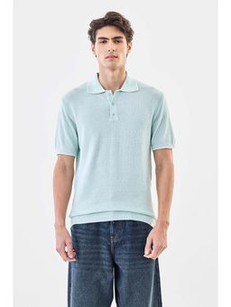 Snitch - Men Pastel Blue Textured Half Sleeves Regular Polo T-shirt