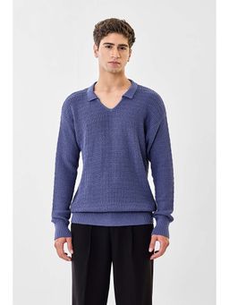 Snitch - Men Blue Textured Full Sleeves Relaxed Fit Polo T-shirt