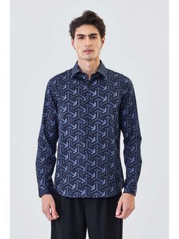 Snitch - Men Navy Blue Printed Full Sleeves Party Luxe Shirt