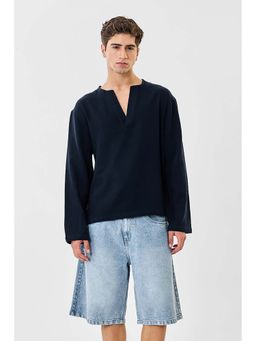 Snitch - Men Navy Blue Textured Full Sleeves Boxy Casual Shirt