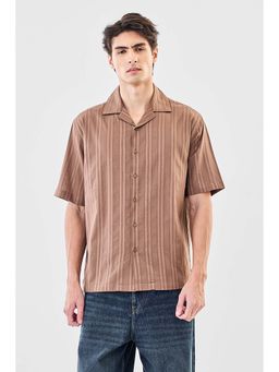 Snitch - Men Brown Stripes Half Sleeves Boxy Casual Shirt