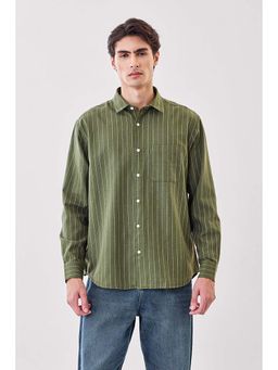 Snitch - Men Olive Stripes Full Sleeves Regular Casual Shirt
