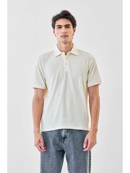 Snitch - Men Off White Textured Half Sleeves Regular Polo T-shirt
