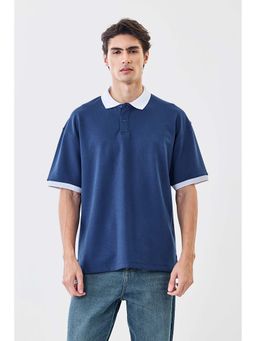Snitch - Men Navy Blue Solid Half Sleeves Oversized Polo T-shirt