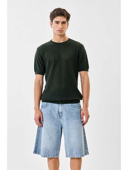 Snitch - Men Dark Green Textured Half Sleeves Regular T-shirt