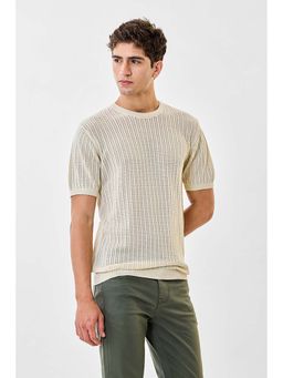 Snitch - Men Off White Textured Half Sleeves Regular T-shirt