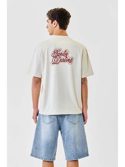 Snitch - Men Light Beige Typography Half Sleeves Oversized T-shirt