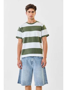 Snitch - Men Olive Stripes Half Sleeves Regular Casual T-shirt