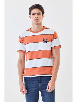 Snitch - Men Orange and White Stripes Half Sleeves Regular Casual T-shirt