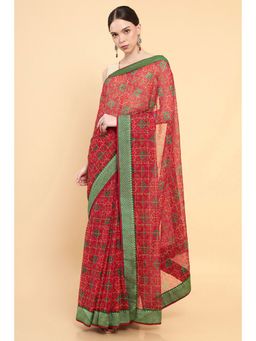 Soch - Women Red Georgette Printed Saree with Stitched Blouse