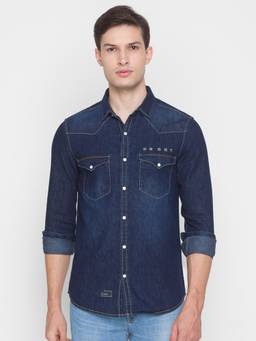 Spykar - Dark Blue Cotton Full Sleeve Plain Shirt For Men