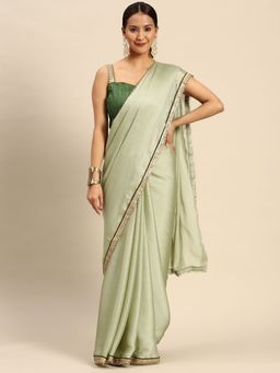 Tikhi Imli - Pista Green Colored Shimmer Saree with Golden Lace with Unstitched Blouse