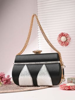 Toobacraft - Handicraft Women Bling Box Clutch Bag Black W Silver Twin Tower Crown