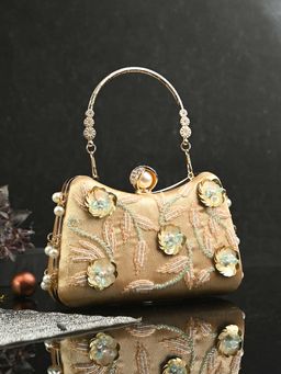 Toobacraft - Handicraft Women Bling Box Clutch Bag Gold Sequins 5 Flower Side Pearl