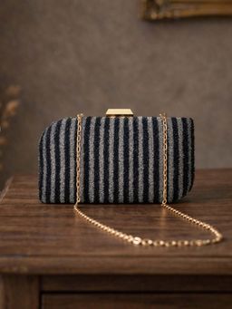 ARTKLIM - Black and Silver Striped Glitter Embroidery Clutch Bag with Detachable Strap