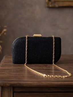 ARTKLIM - Black Glitter Embroidery Clutch Bag with Detachable Strap