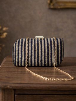 ARTKLIM - Navy Blue and Gold Striped Glitter Embroidery Clutch Bag with Detachable Strap