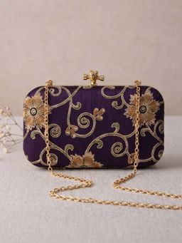 ARTKLIM - Royal Purple Floral Embroidered Clutch for Women with Detachable Strap