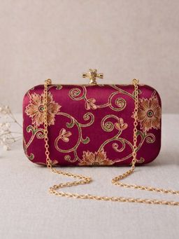 ARTKLIM - Rani Pink Floral Embroidered Clutch for Women with Detachable Strap